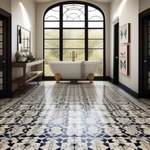 Artistic arrangement of mosaic tiles creating a unique flooring surface