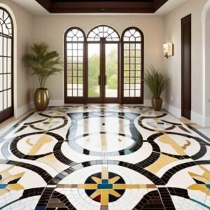 ontemporary mosaic tiles floor featuring a mix of shapes and colors